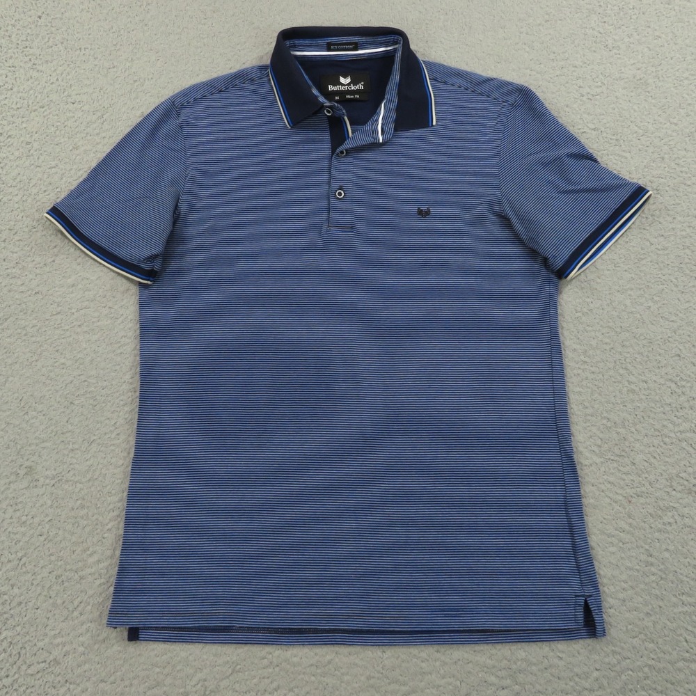 Buttercloth Polo Shirt Mens Medium Navy Striped Icy Cotton Slim Fit Performance